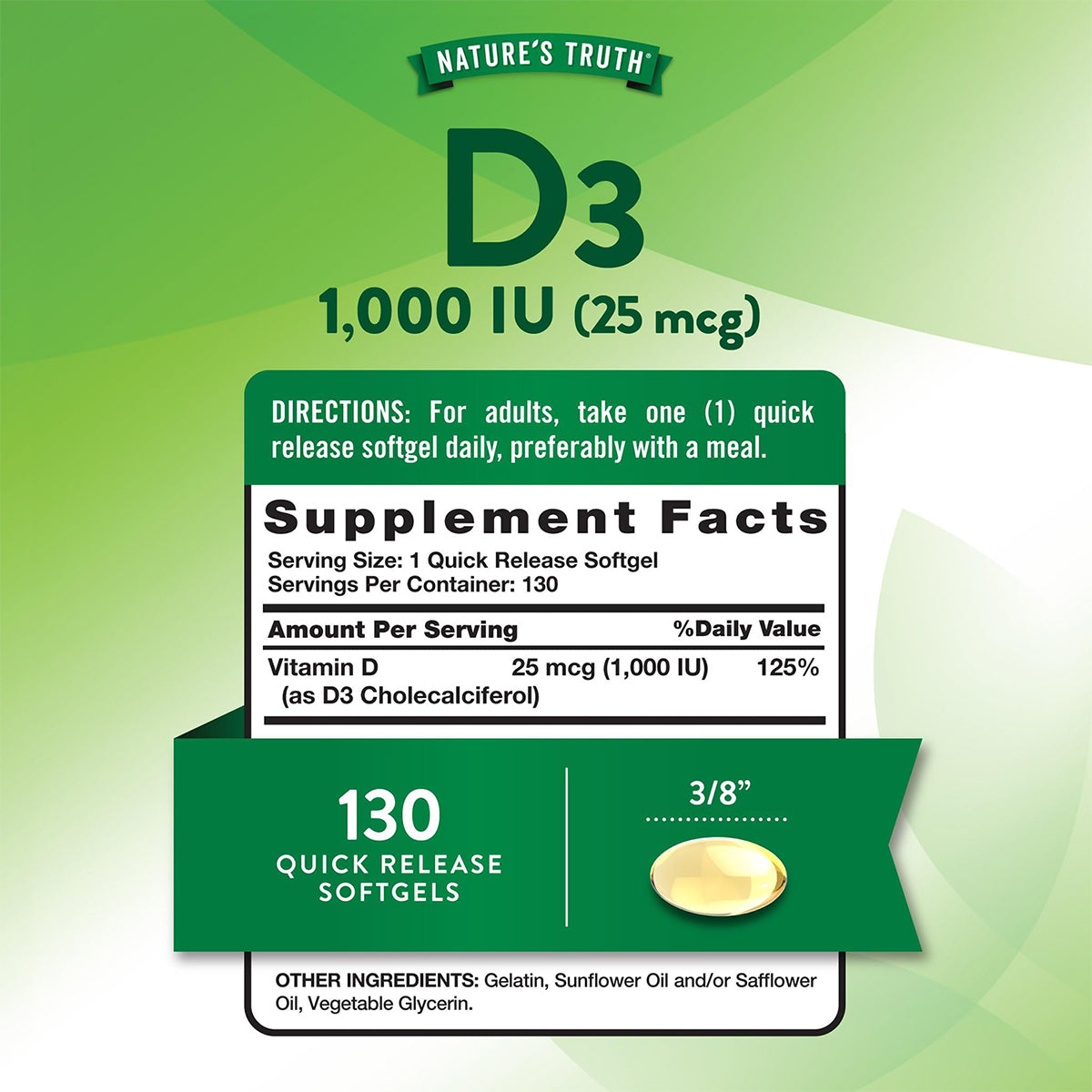 Nature's Truth Vitamina D3 1000 UI (25 mcg), 130 cápsulas para 3 meses