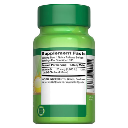 Nature's Truth Vitamina D3 1000 UI (25 mcg), 130 cápsulas para 3 meses