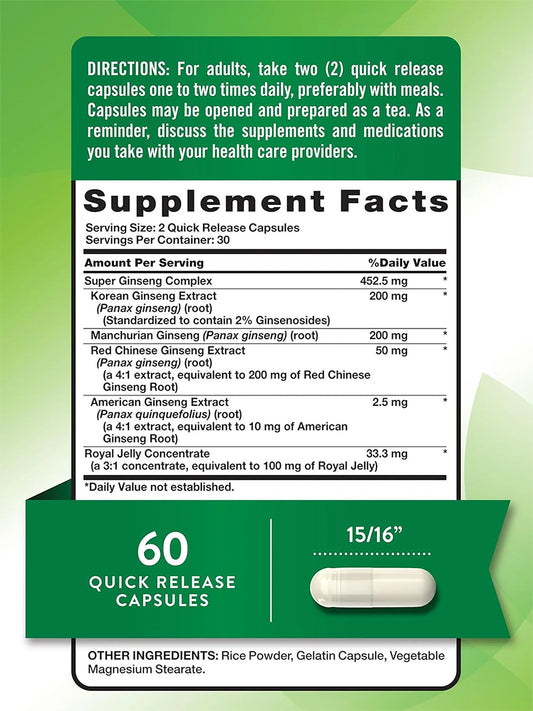 Nature's Truth Suplemento Complejo Super Ginseng con Jalea Real, 60 cápsulas para 1 mes