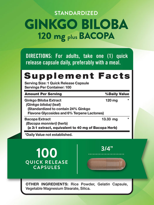 Nature's Truth Suplemento Extracto de Ginkgo Biloba con Bacopa, 100 cápsulas
