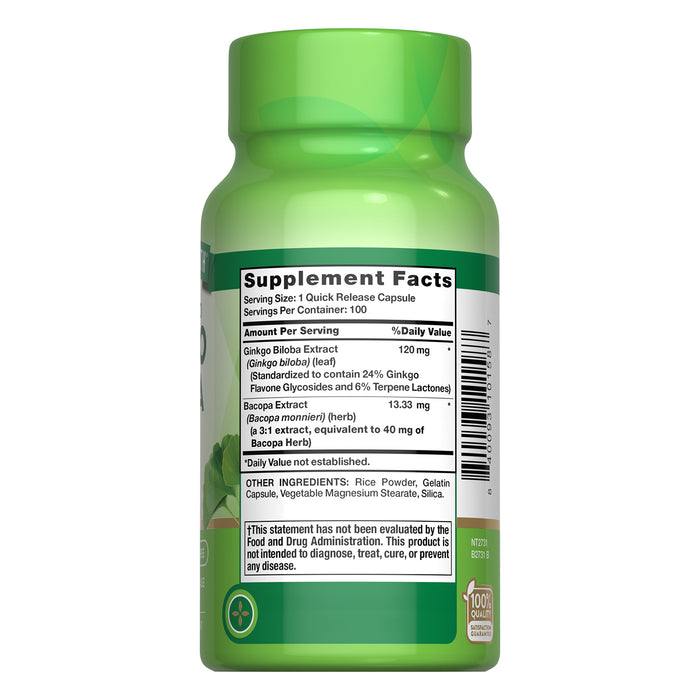 Nature's Truth Suplemento Extracto de Ginkgo Biloba con Bacopa, 100 cápsulas