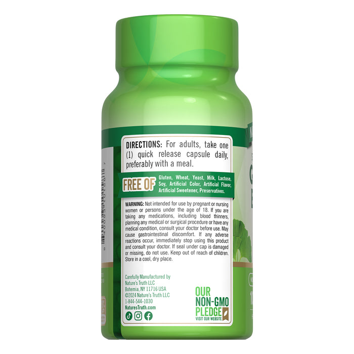 Nature's Truth Suplemento Extracto de Ginkgo Biloba con Bacopa, 100 cápsulas