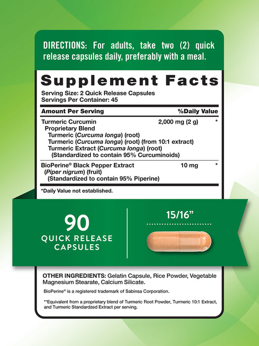 Nature's Truth Suplemento de Cúrcuma con Bioperine Pimienta Negra, 90 cápsulas