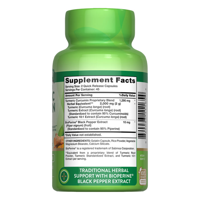 Nature's Truth Suplemento de Cúrcuma con Bioperine Pimienta Negra, 90 cápsulas