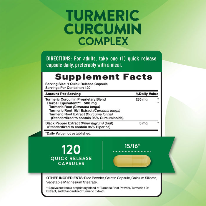 Nature's Truth Complejo de curcumina y cúrcuma de 500 mg con pimienta negra, 120 cápsulas