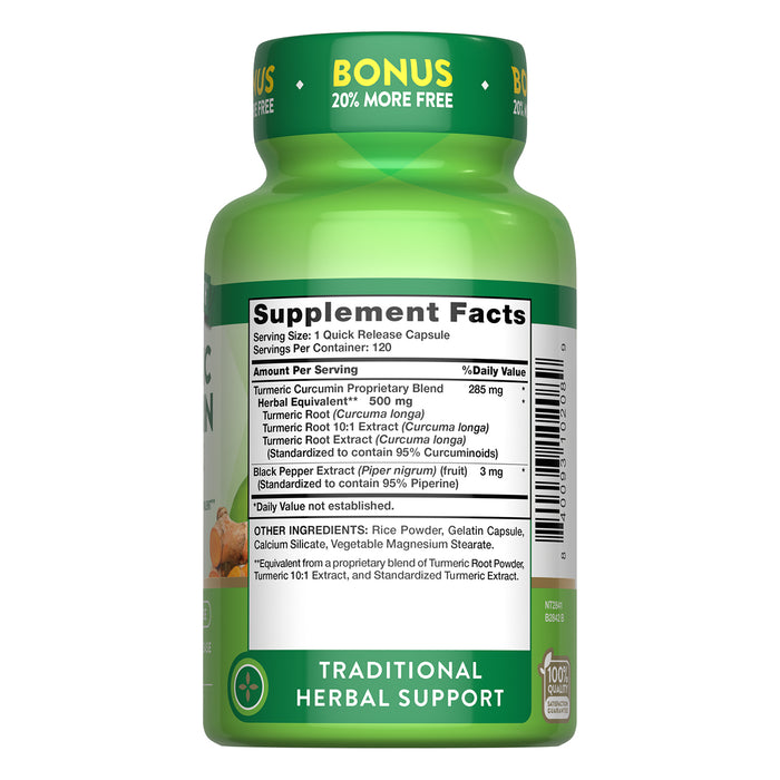 Nature's Truth Complejo de curcumina y cúrcuma de 500 mg con pimienta negra, 120 cápsulas