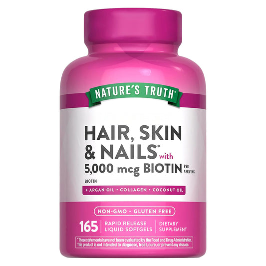 Nature's Truth Suplemento para Cabello, piel y uñas con biotina 5000 mcg, 165 cápsulas