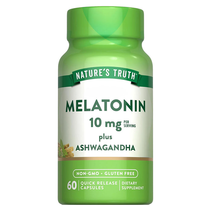 Nature's Truth Melatonina 10 mg y Ashwagandha, 60 cápsulas