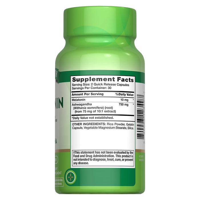 Nature's Truth Melatonina 10 mg y Ashwagandha, 60 cápsulas
