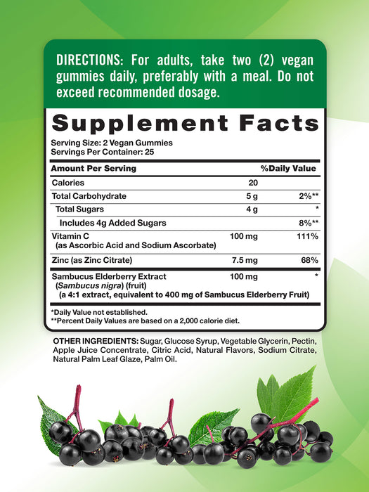 Nature's Truth Sambucus, baya del saúco negro con vitamina C y zinc, 50 gomitas sabor berry