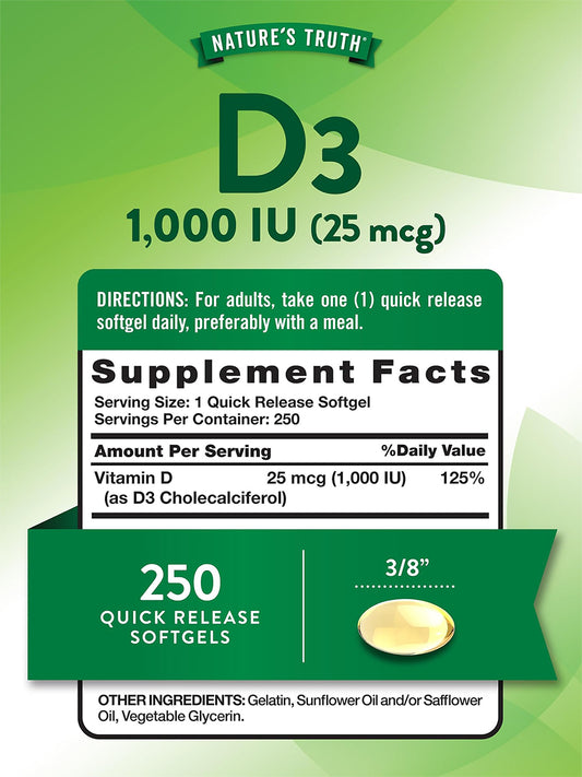 Nature's Truth Vitamina D3 1000 UI (25 mcg),250 cápsulas