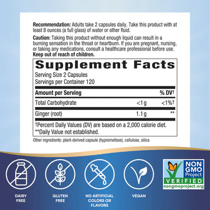 Nature's Way Suplemento Raíz de Jengibre, 1100 mg por cada 2 cápsulas, 240 cápsulas para 4 meses