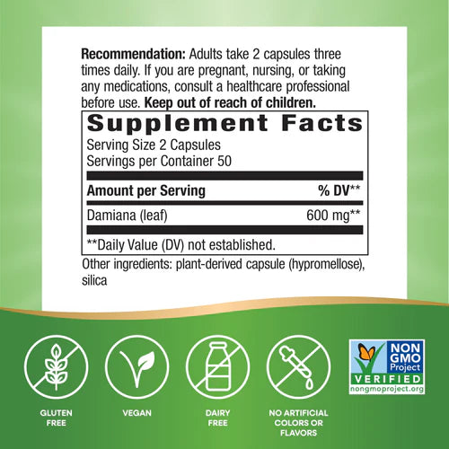 Nature's Way Suplemento Hojas de Damiana 600 mg, 100 cápsulas